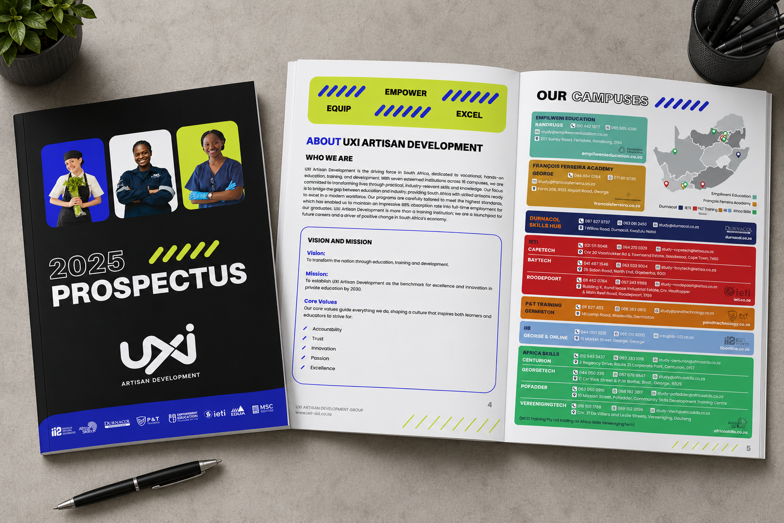 UXI prospectus cover and campus spread