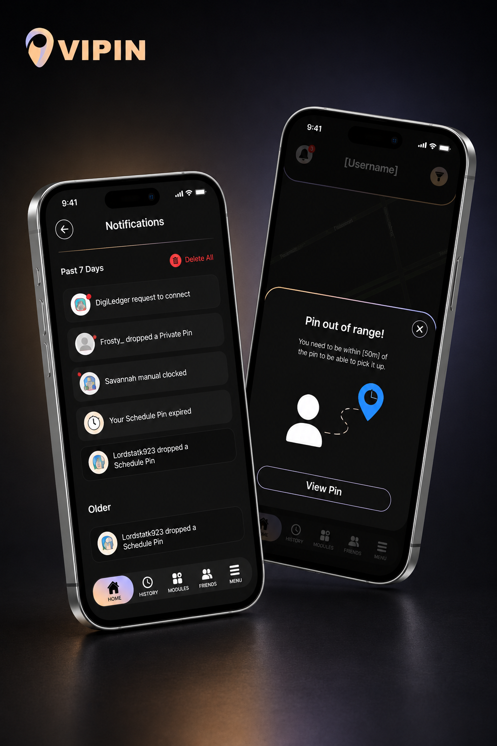 Vipin notifications and pin out of range screens