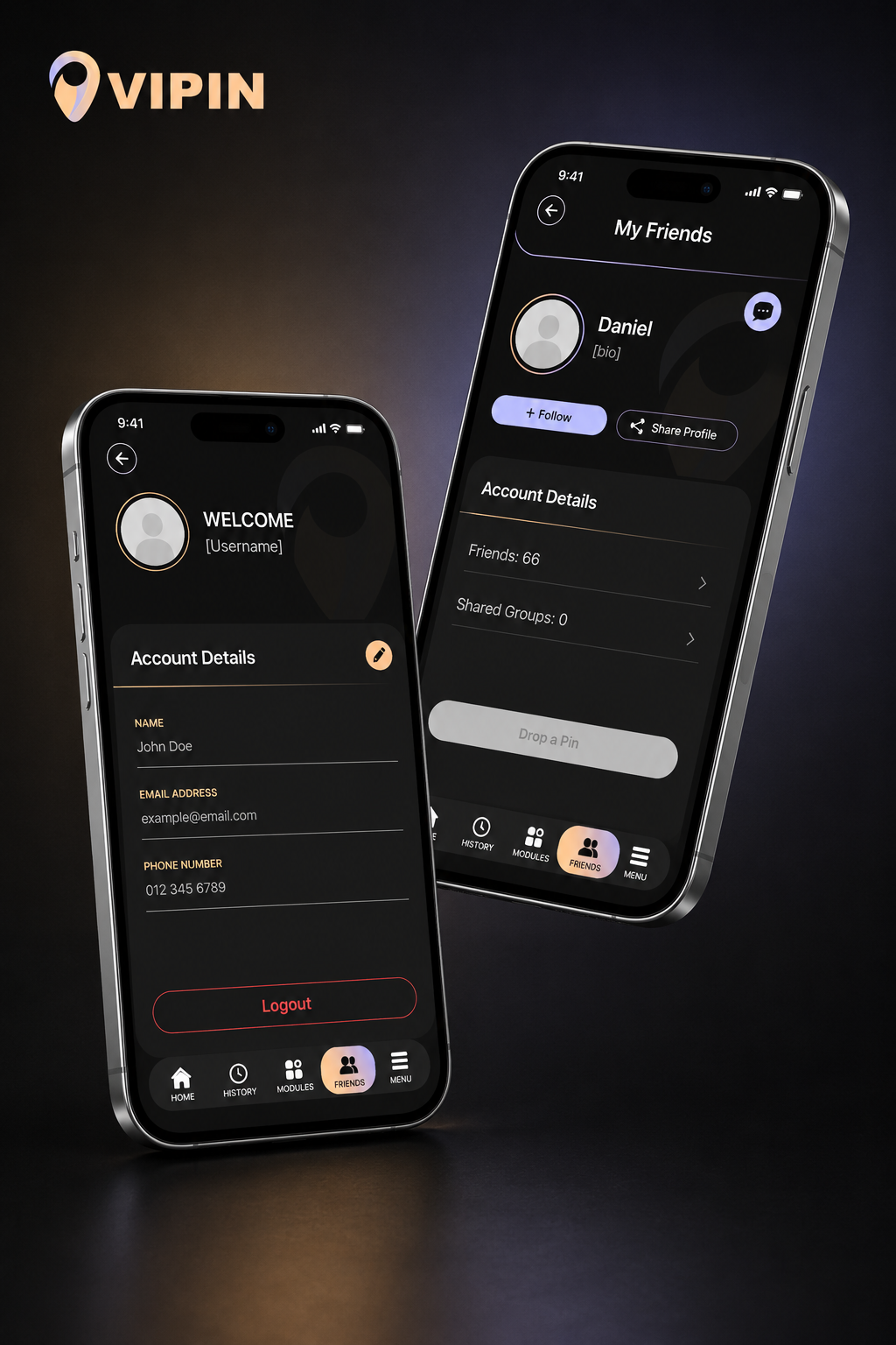 Vipin account details and friends profile screens
