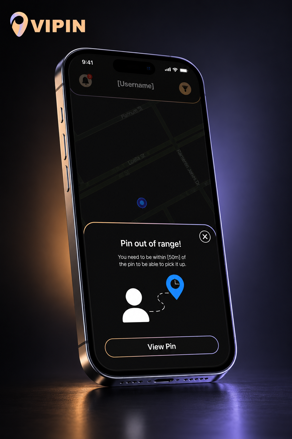 Vipin map view with pin out of range modal